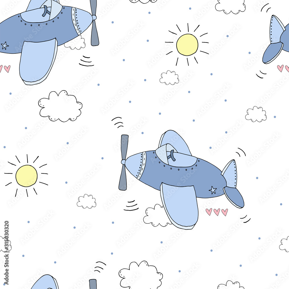 Fototapeta Cute seamless pattern with plane cartoon hand drawn vector illustration