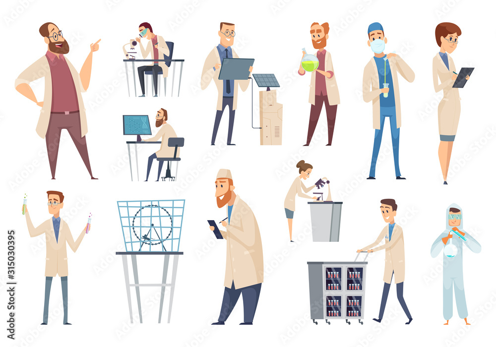 Science persons. Characters doctors lab technician workers biologists or pharmacists vector people. Illustration scientist biology, man in lab, technician and chemistry - obrazy, fototapety, plakaty 