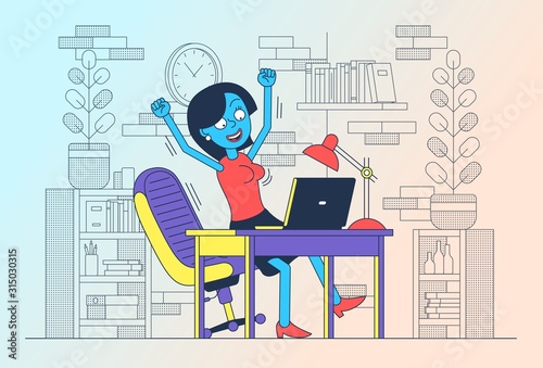 Happy girl freelancer with laptop jumped up for joy. Succesful woman with computer. Online winning celebration. Vector illustration.