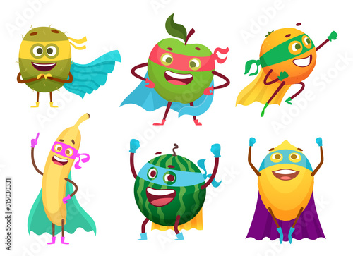 Superheroes fruits. Vegetables healthy food mascot heroes costumes orange garden apple berry vector characters. Fruit superhero, hero with superpower, banana or apple illustration