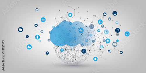 Cloud Computing Design Concept - Digital Connections, Technology Background with Wireframe Sphere and Geometric Network Mesh