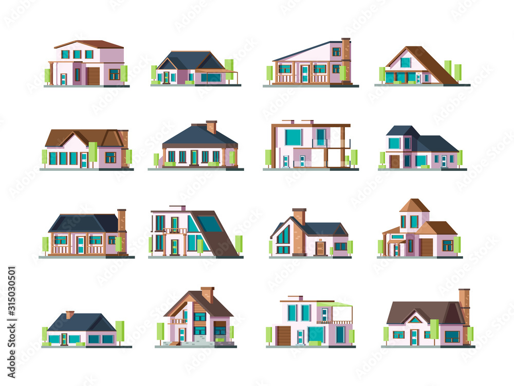 Obraz premium Residential house. Village building exterior modern townhouses vector collection set. Illustration building village, home residential