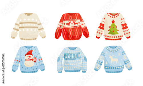 Cozy Warm Sweaters with Christmas Holiday Prints Vector Set