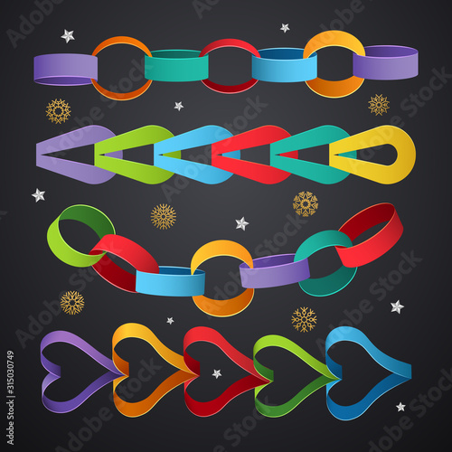Paper chains. Colored decoration links for christmas event vector templates. Chain christmas link handmade, paper garland to party illustration