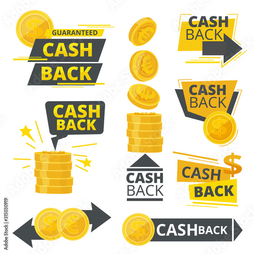 Cash back. Ads promotional badges stickers special offers vector money service pictures. Illustration cashback dollar, offer back cash