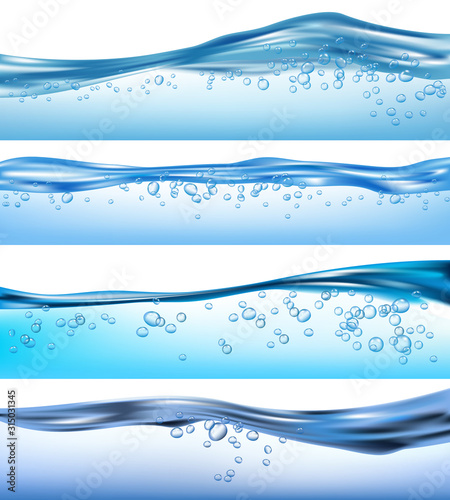 Wave realistic. Nature ocean water splashes liquid flowing bubbles drinks vector waves set. Sea aqua, water transparent surface, wave clear illustration