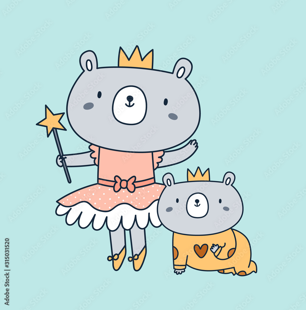 Fototapeta premium Cute princess bear in dress isolated on mint background. Sister and brother playing and have fun. Childish vector animal character illustration. Ideal for cards, poster, decoration, textile, print