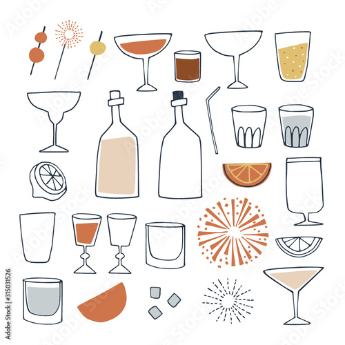 Set of hand drawn alcoholic and non alcoholic drinks, cocktails, wine bottles and drinking glass. Happy New Year, bar and celebration concept. Isolated vector icons.