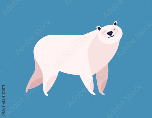 Friendly white polar bear at blue ice winter background vector flat illustration