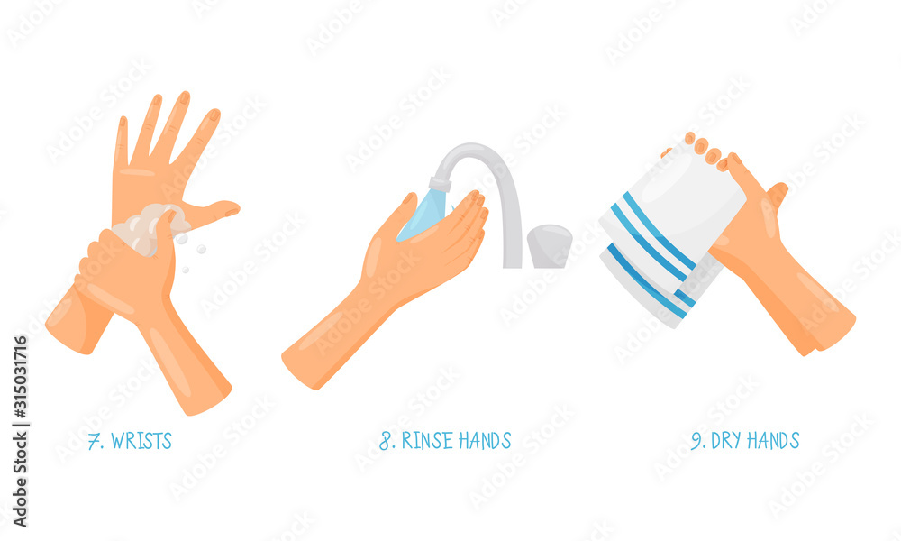 Fototapeta premium Tips of How to Wash Hands Properly with Illustrated Hands Actions Vector Set