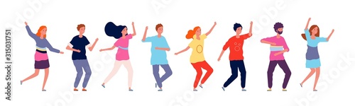 Dancers. Adult people jumping and dancing in line party happy group of characters vector illustration on white