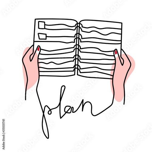 Cute simple continuous line vector illustration of two female hands holding agenda or planner diary with check boxes and to do list. Minimalistic design for writing and studying