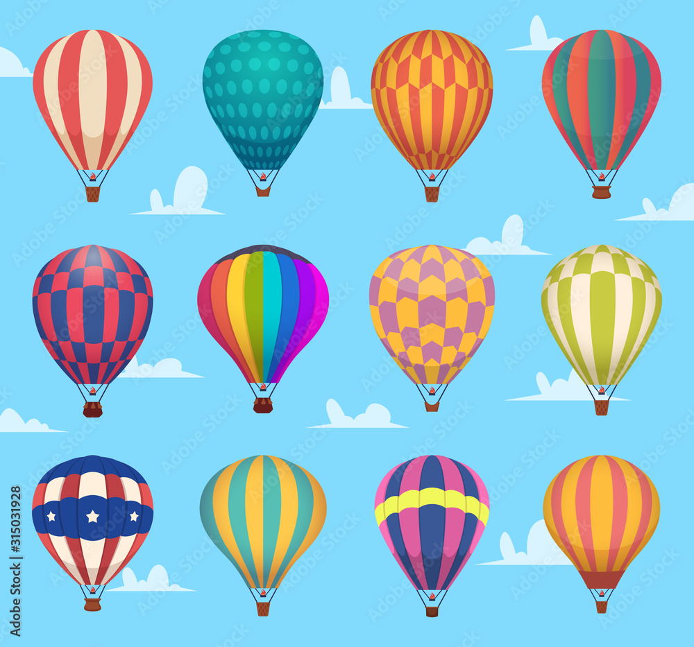 Air balloons. Festival romantic flight outdoor hot air balloons aircraft transport vector cartoon set. Collection hot air balloons flying, exploration and journey illustration