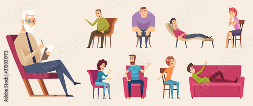 Psychotherapy consulting. People dialogue crowd conversation with psychology consultant family therapy vector. Illustration psychotherapy and consultation psychology