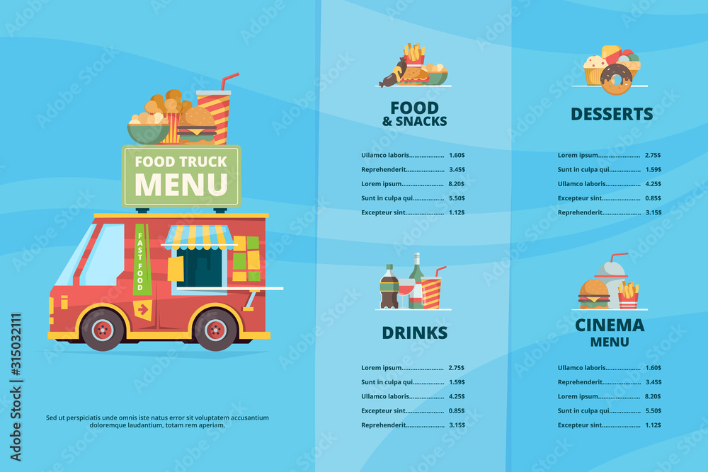 Food truck menu. Urban fast food restaurant street festival pizza barbecue trucks cooking van vector template. Illustration cafe truck menu with beverage and food Food truck menu. Urban fast food restaurant street festival pizza barbecue trucks cooking van vector template. Illustration cafe truck menu with beverage and food