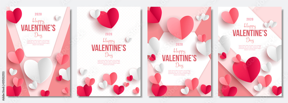 Valentine's day posters set. 3d red and pink paper hearts with frame on geometric background. Cute love sale banners or greeting cards. Vector illustration.  - obrazy, fototapety, plakaty 
