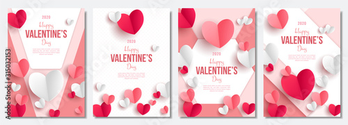 Valentine's day posters set. 3d red and pink paper hearts with frame on geometric background. Cute love sale banners or greeting cards. Vector illustration. 