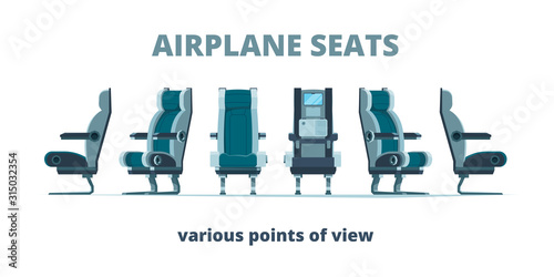 Airplane seat. Aircraft interior armchairs in different side view vector flat pictures. Illustration seat interior aircraft, comfort chairs