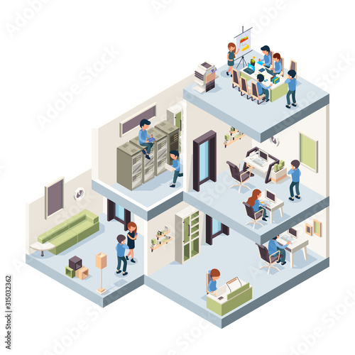 Business office isometric. Corporate building interior and exterior creativity group of freelancers and managers working in cabinets vector. Illustration office building interior, corporate workplace