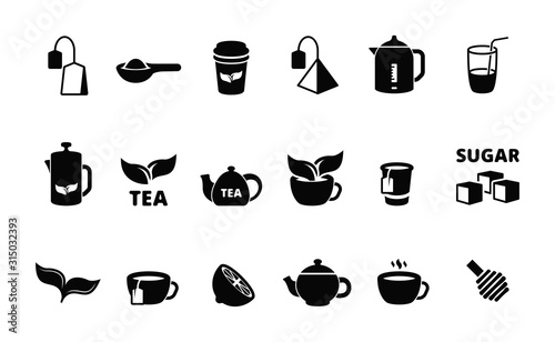 Black tea icon. Hot tea with lemon biscuit bubble drinks beverage in cup england food vector collection. Silhouette hot tea with lemon, black drink cup illustration