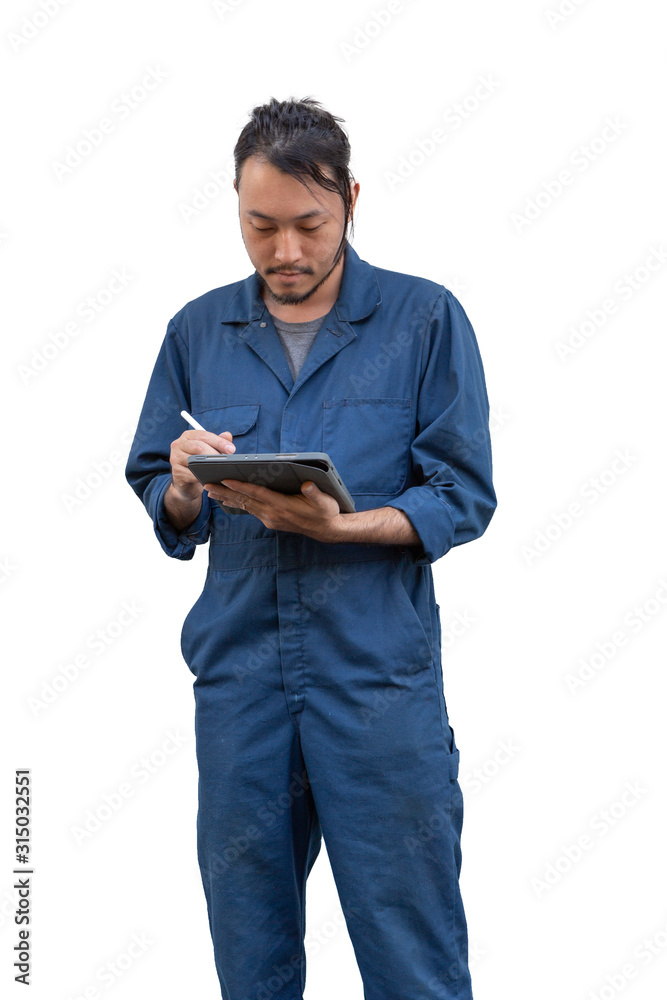 Portrait of Asian mechanic in blue uniform working on tablet isolated on white background Portrait of Asian mechanic in blue uniform working on tablet isolated on white background
