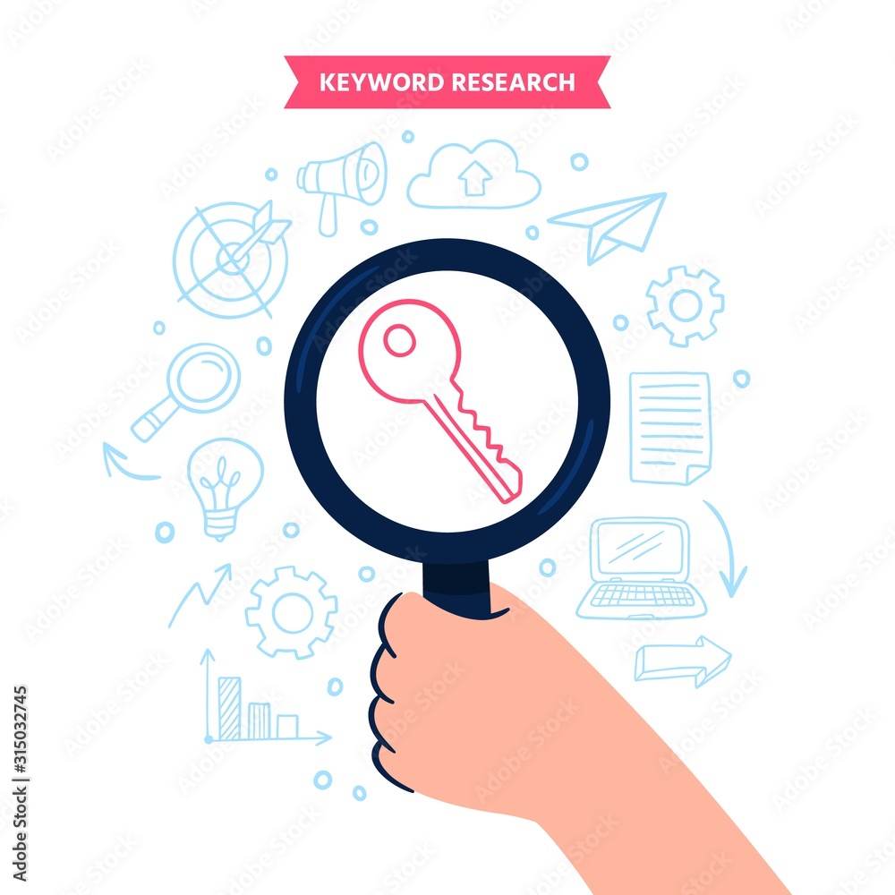 Cute Keyword Search concept with doodle elements. Hand holds a large magnifying glass searching for keys to improve website page rank. Flat Vector illustration. Cute Keyword Search concept with doodle elements. Hand holds a large magnifying glass searching for keys to improve website page rank. Flat Vector illustration.