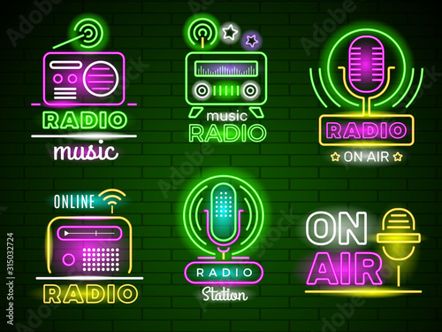 Radio glowing logo. Neon style colored business music broadcast emblem live show vector ads. Radio neon sign, light signboard illustration