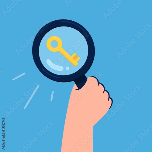 Stylish Keyword Search concept. Hand holds a large magnifying glass searching for keys to improve website page rank. Flat Vector illustration.