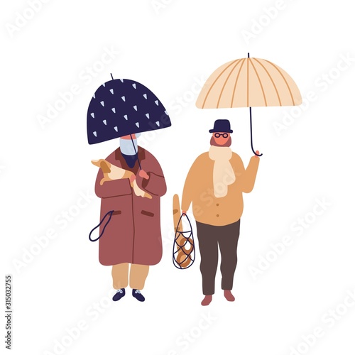 Elderly couple promenade under umbrella vector flat illustration. Aged cartoon man and woman walking with dog at autumn season weather. Family jaunt at rainy day isolated on white background.