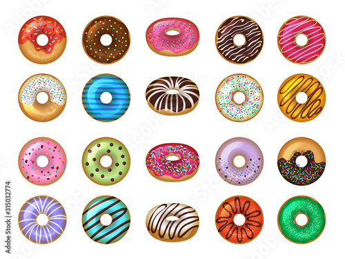 Donuts desserts. Round fast food products tasty chocolate rings cakes colored vector set. Donut snack, dessert round glazed illustration