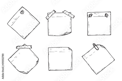 Sticky notes Vector set. Hand drawn doodle paper sheets for messages. Collection of memos blank