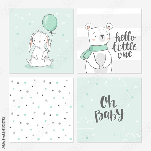 Set of cute baby shower cards including bunny, bear, balloon, clouds, stars, and modern calligraphy phrases hello little one and oh, baby. Vector illustrations for invitations, greeting cards, posters