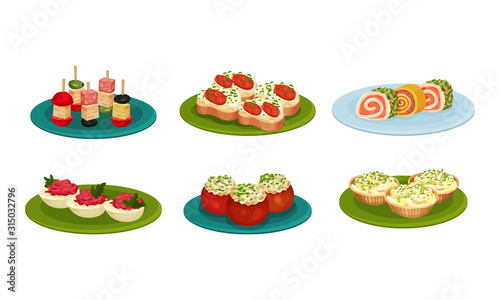 Light Snacks and Bites Served on Plates Side View Vector Illustrations Set