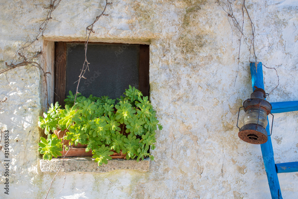 Ancient stone window of an old white stone house in a countryside village in Puglia, Italy, Europe with plant, lantern and wooden staircase