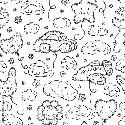 Kids toys. Beach Inflatable Toys. Balloons. Kawaii toy. Hand Drawn doodle clouds, star, heart, cat, car, airplane, flower, moon, rabbit - Vector Seamless Pattern. Cute background for kids