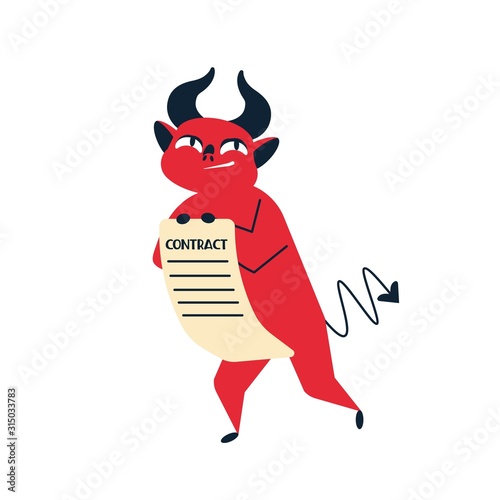 Smiling cartoon red devil contract vector flat illustration. Horned monster character offering treaty agreement isolated on white background. Deceitful business deal concept, selling soul to demon.