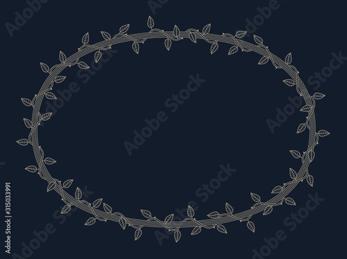 Vector ellipse frame overgrown with plant with thorns and leaves. Dark background