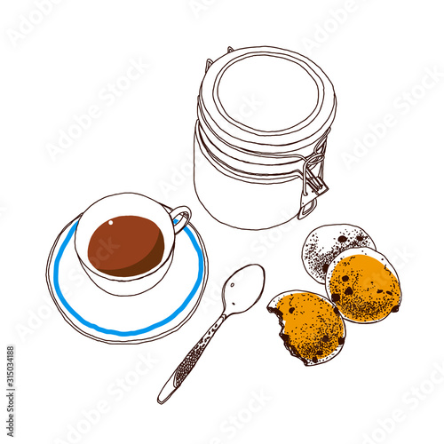 Breakfast. Tea and biscuits. Vector hand-drawn sketch.