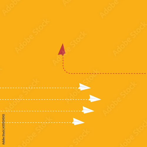 Think differently concept. Red airplane changing direction. Vector illustration 