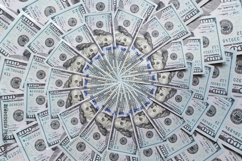 Mandala kaleidoscope from money. Abstract money background raster pattern repeat mandala circle. On white background.