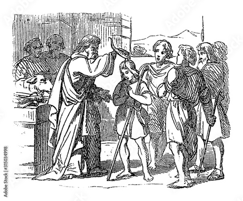 Vintage drawing or engraving of biblical story of prophet Samuel anointed David as the future king of Israelite.Bible, Old Testament,1 Samuel 16. Biblische Geschichte , Germany 1859.