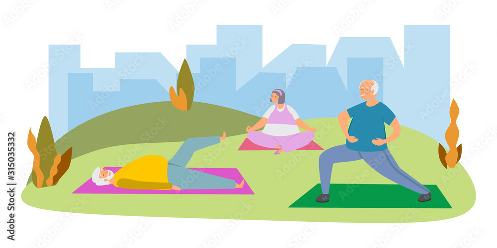 Elderly care and fitness flat vector illustration. Elderly woman and elderly man do sports, exercise, fitness, yoga. Healthy lifestyle of old people. Senior man and woman have fun together outdoors.