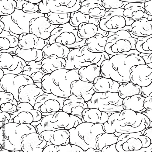 Sky. Clouds Vector Seamless pattern. Hand Drawn Doodle Clouds. Black and white background.