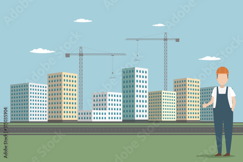 Worker showing thumbs up on construction site background. Vector.