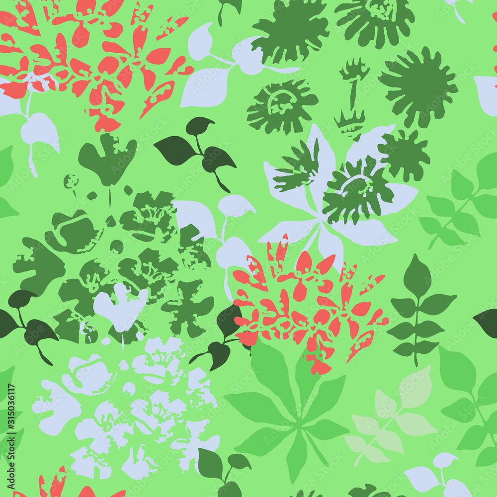 Green seamless pattern with wildflowers and herbs. Green seamless pattern with wildflowers and herbs.