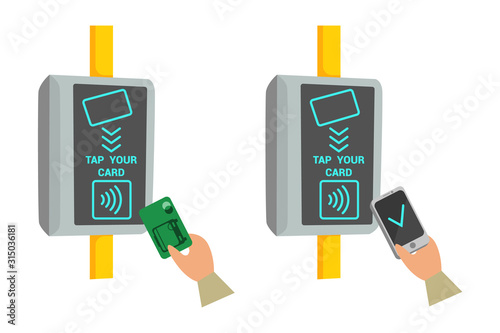 Wireless contactless cashless payments validator flat vector illustration. Bus, metro, airport, subway, public transport ticket validator. RFID Technology, payment in the terminal by card and phone