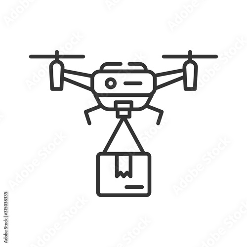 Drone delivery black line icon. Quadcopter carrying a package. Aircraft device concept. Sign for web page, mobile app, banner, social media. Editable stroke.