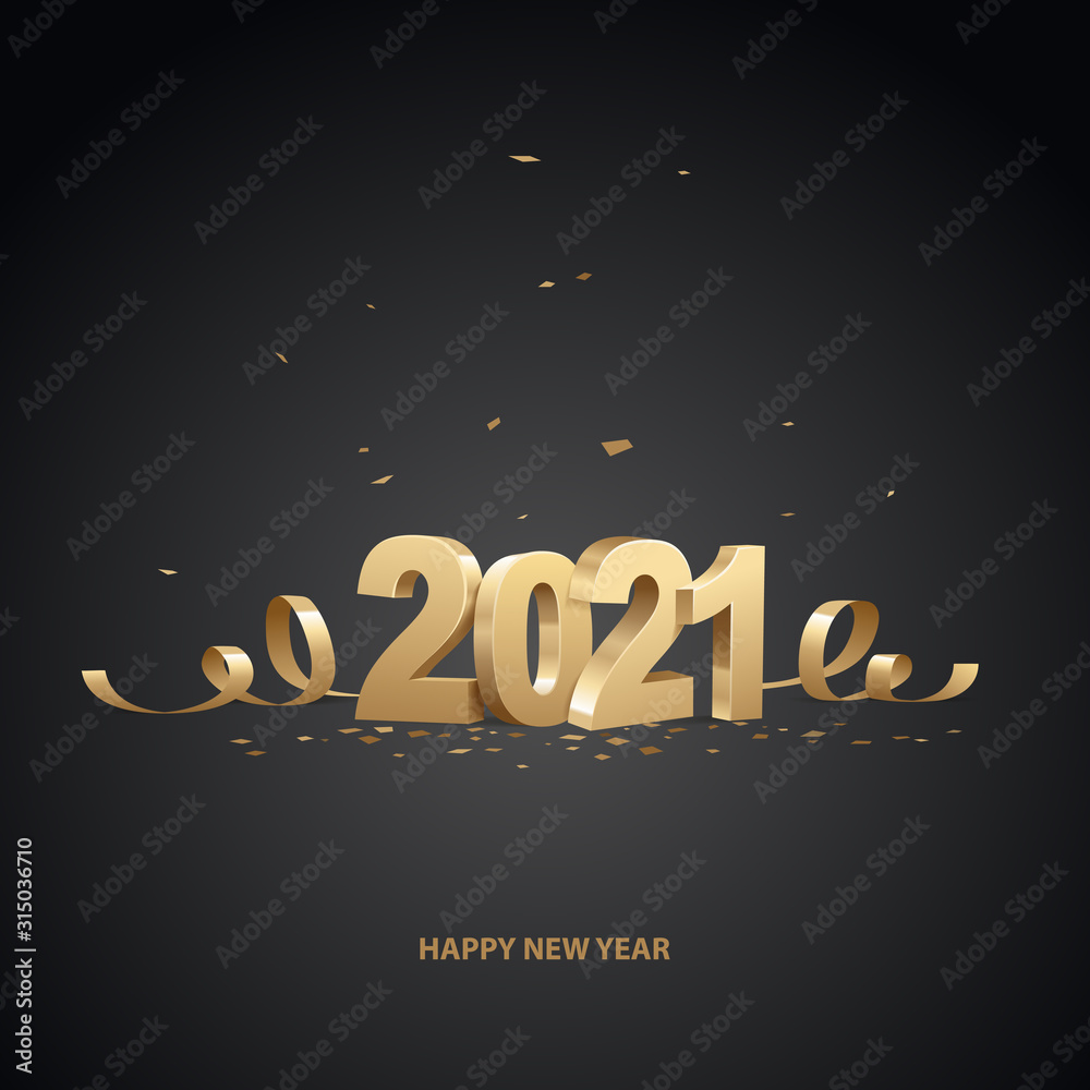 Happy New Year 2021. Golden 3D numbers with ribbons and confetti on a black background.