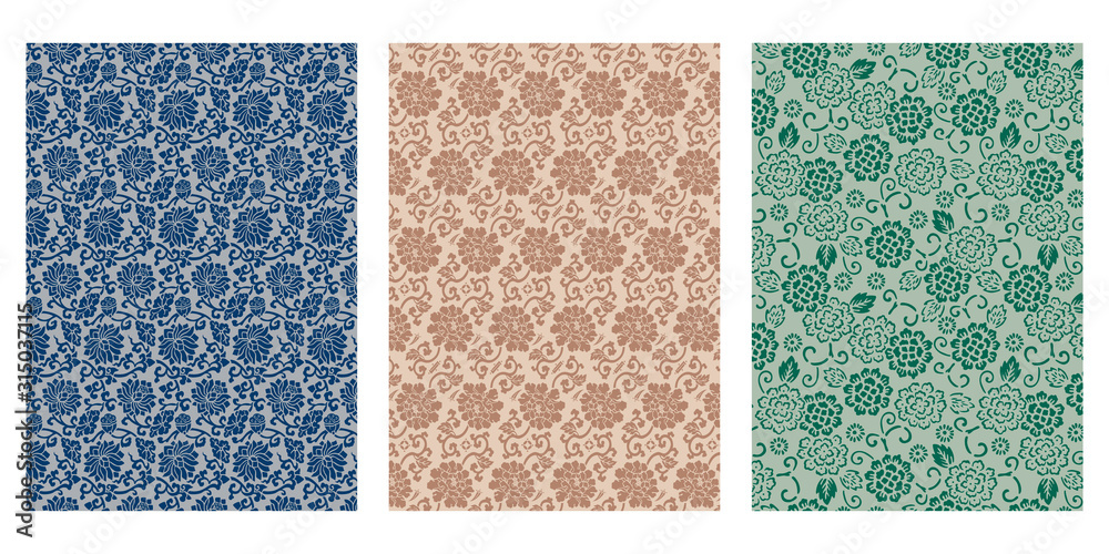 Japanese Arabesque Lotus, Peonies and Stripes, Indigo Flower Curl Abstract Vector Background Collection