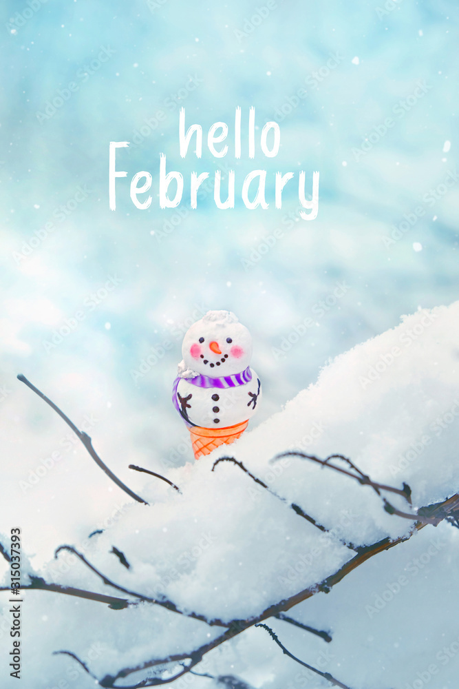 hello February. snowman in snow, winter background. Holiday winter season card. creative minimal idea. soft focus hello February. snowman in snow, winter background. Holiday winter season card. creative minimal idea. soft focus